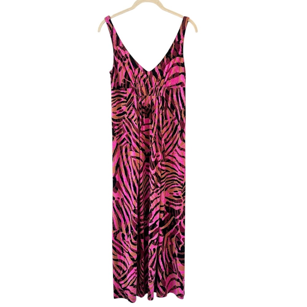 CAbi Tiger Jungle Pink Dress Womens M Animal Print V Neck Jersey Maxi